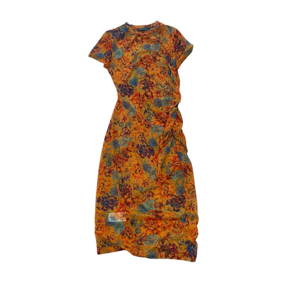 BCBGMAXAZRIA Floral Orange Sheath Dress Short Sleeve Side Ruched SZ M - Picture 2 of 6